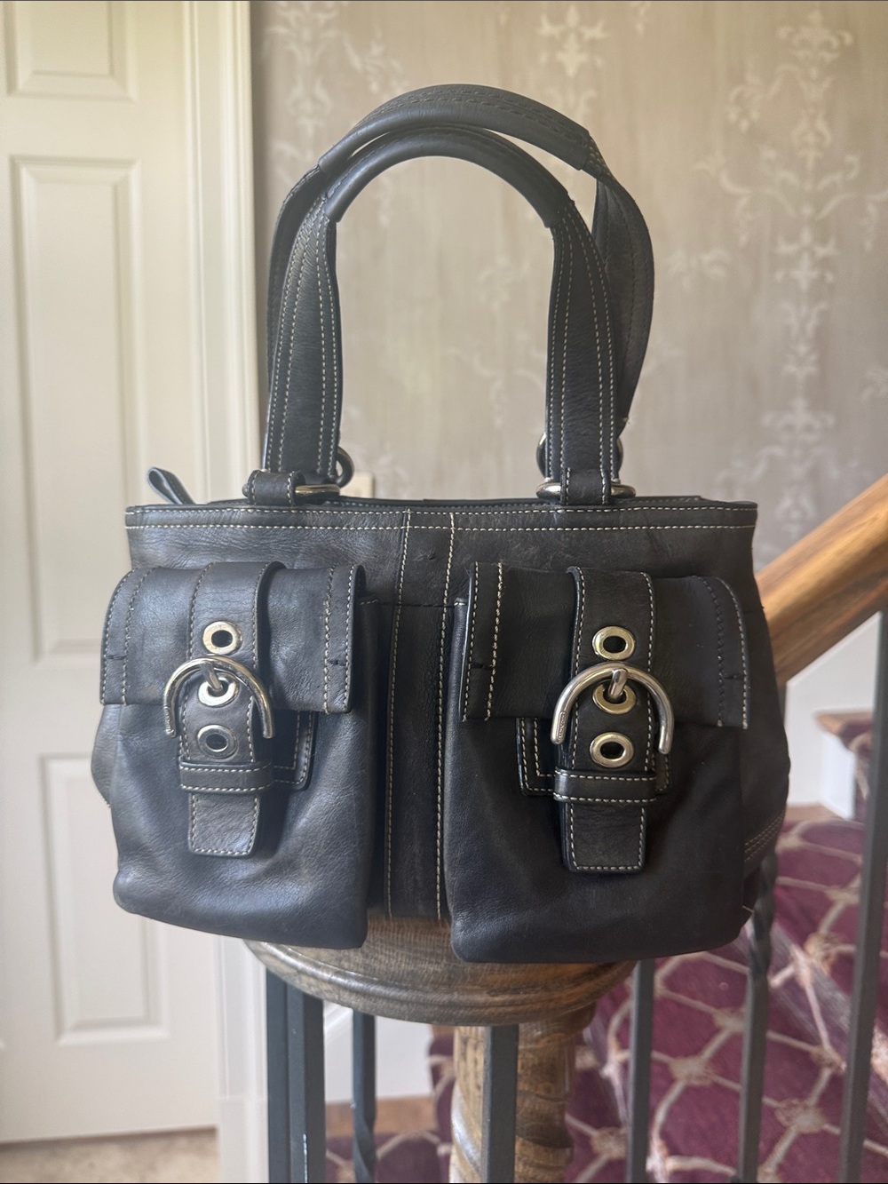 COACH Soho, leather double pocket satchel/tote, preowned black, and silver - Picture 2 of 11